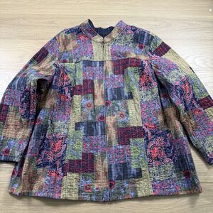 Vintage Quilt Jacket Women Reversible Paisley Patchwork Pinstripe Full Zip Mock